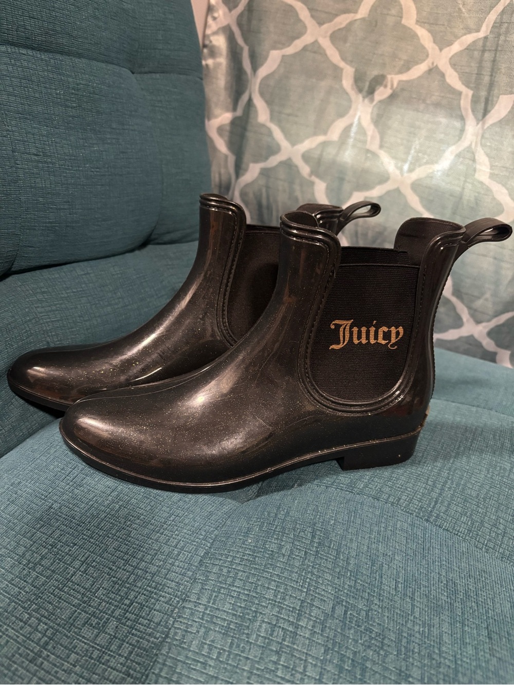 Juicy Couture Black Chelsea Rain Boots with Gold Logo